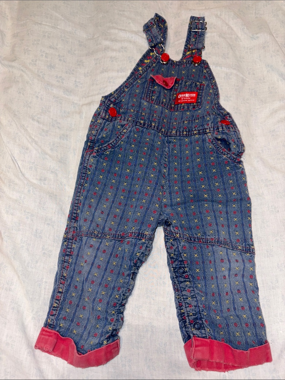 VINTAGE 80s OshKosh B'gosh Blue/Red Denim TIC TAC TOE Print Overalls 100 cotton